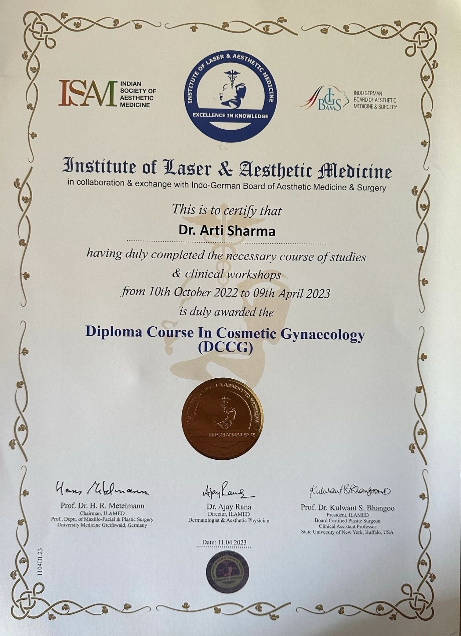 Diploma in Cosmetic Gynaecology certificate