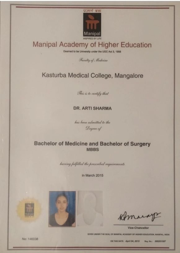 MBBS degree certificate, Manipal University